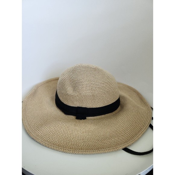 SOLAR ESCAPE Woven Sun Hat Wide Brim Beige w Black Band One Size Adjustable Brim - Picture 2 of 6